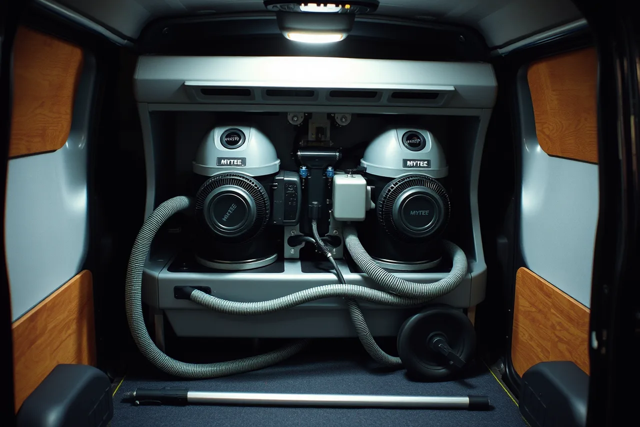 Mytee HP60 Spyder extractor with hoses in a detailing van (Mobile detailing equipment brands compared in 2027)