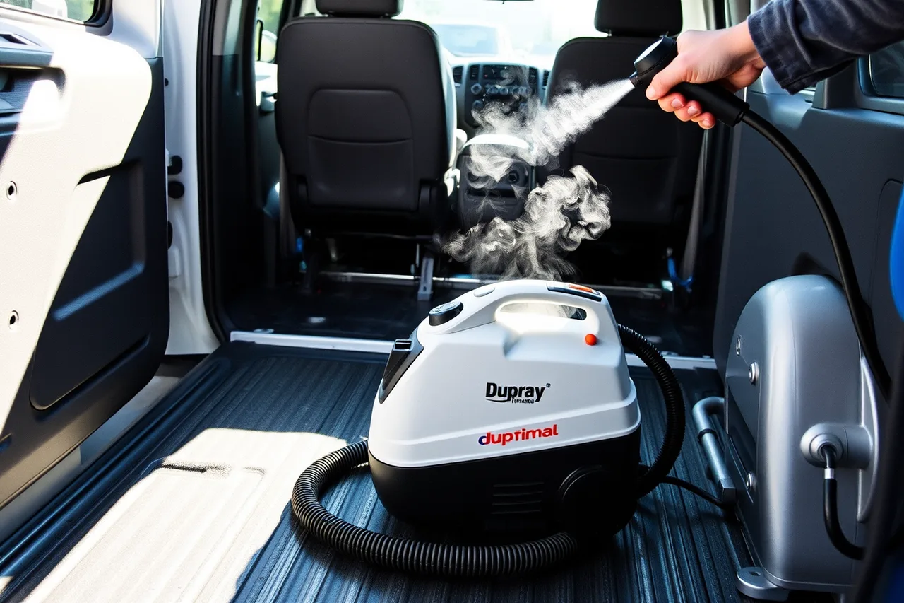 Dupray Optima steam cleaner running while being refilled (Mobile detailing equipment brands compared in 2027)