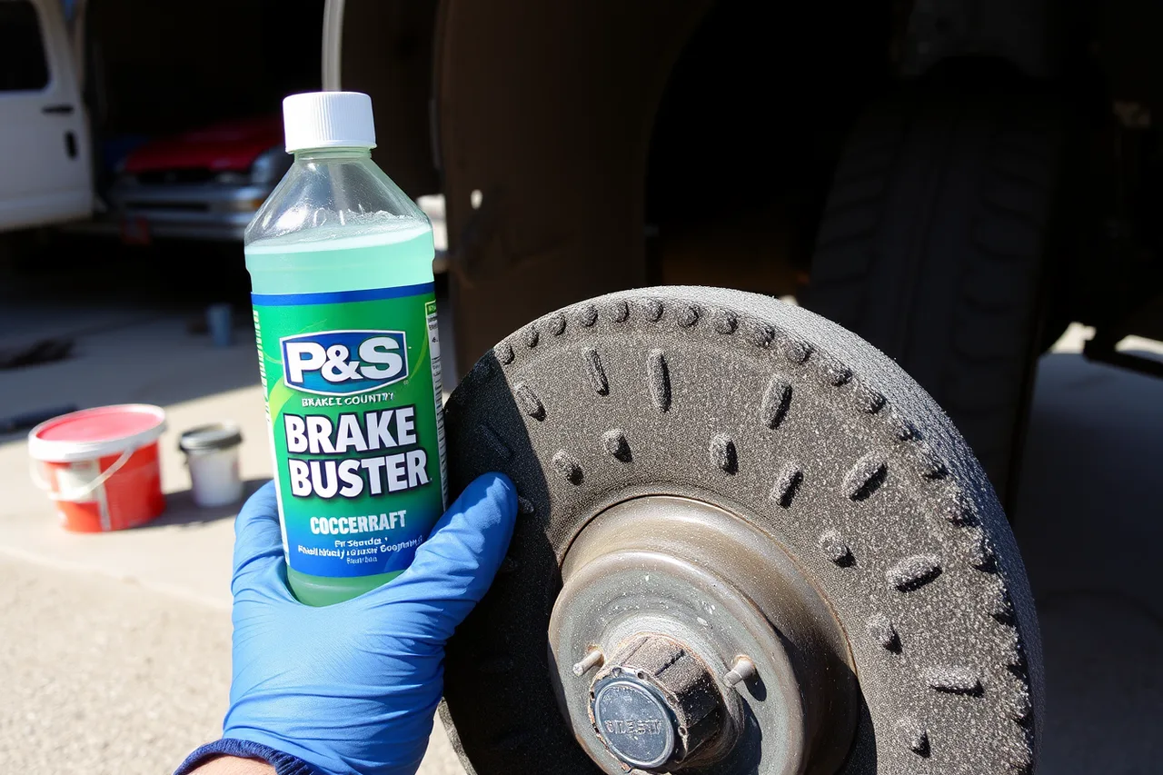 P&S Brake Buster bottle and Lake Country pad on a wheel (Mobile detailing equipment brands compared in 2027)