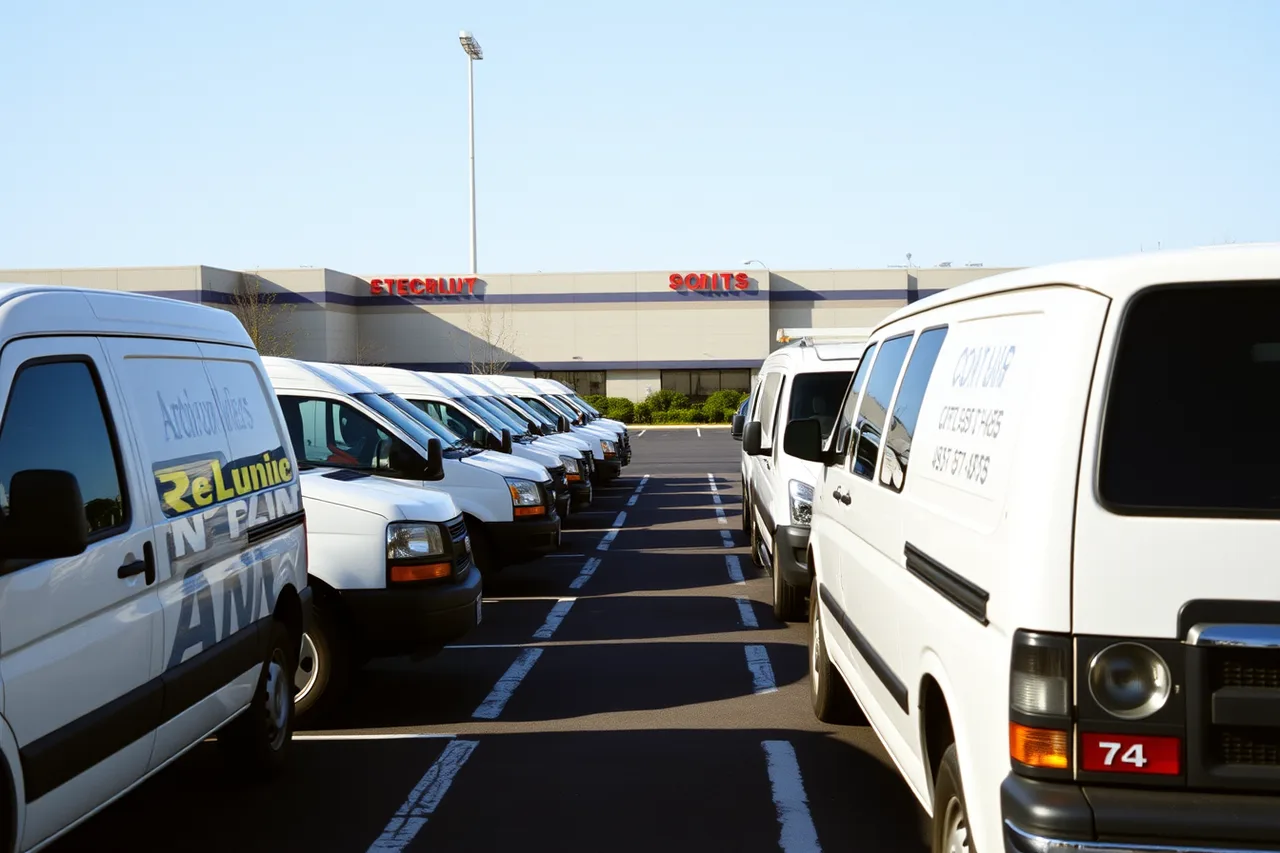 Row of liveried company vans in business park lot (Which markets suit a mobile detailing business)