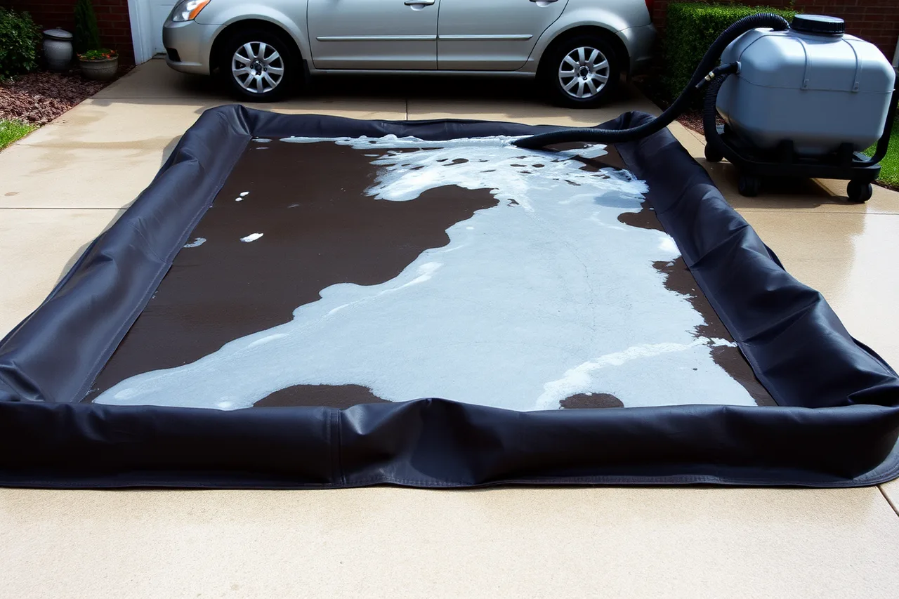 Bermed containment mat under car catching soapy wash water with vacuum hose (A guide to EPA wash-water rules for mobile detailing in Phoenix and Las Vegas)