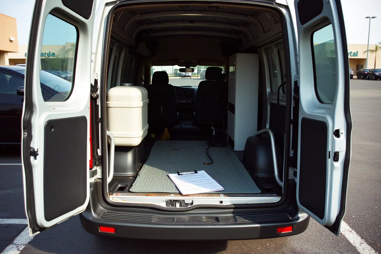 Detailing van on a rental lot with water containment and paperwork (Fleet and rideshare detailing contracts in Atlanta and Nashville)