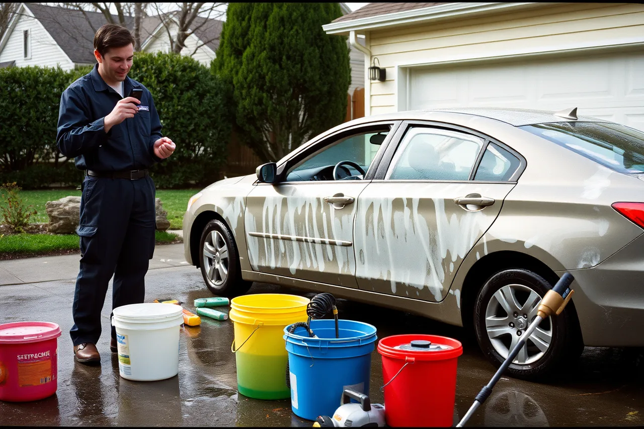 Detailer timing wash stages with stopwatch beside car in driveway (Mobile detailing service tiers explained)
