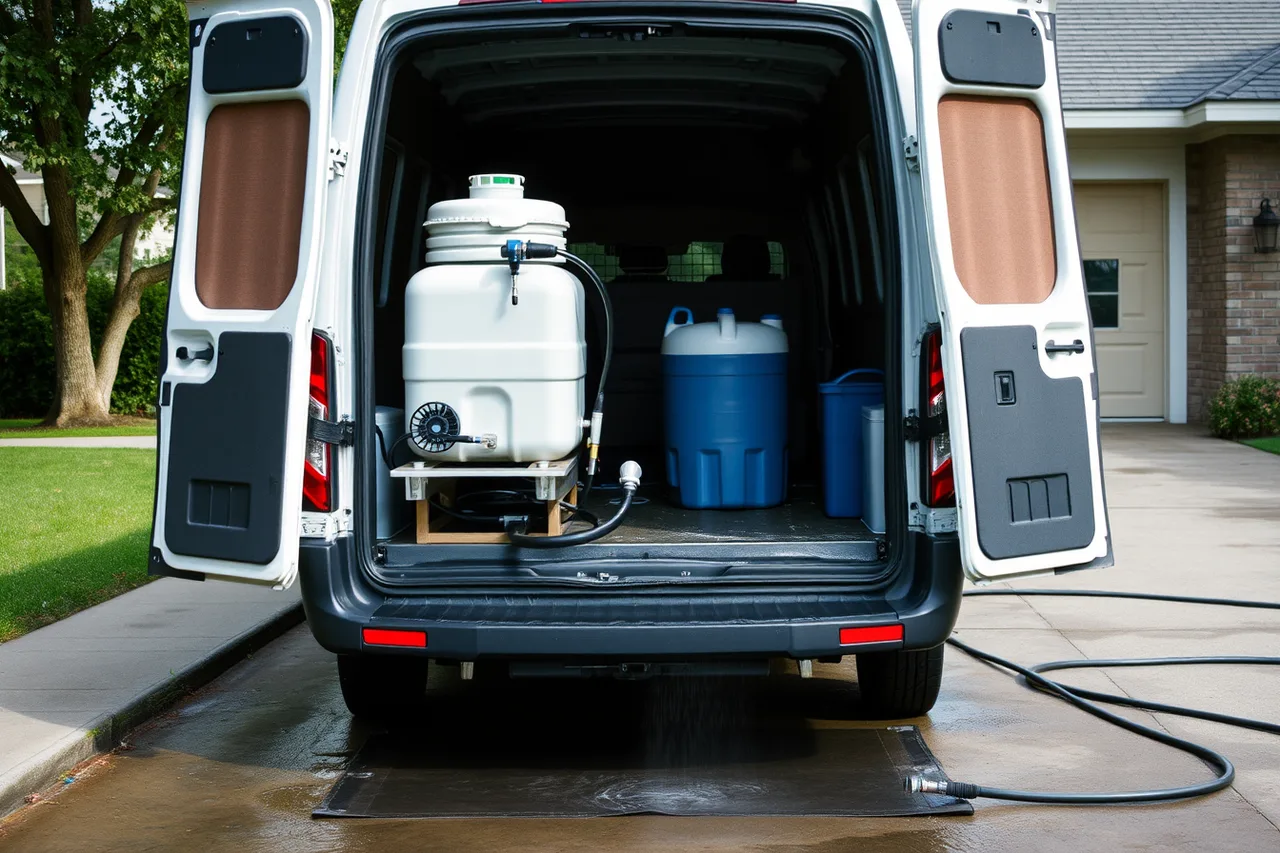 Mobile detailing van with water tank and containment mat in driveway (How to start a mobile detailing business, phase by phase)