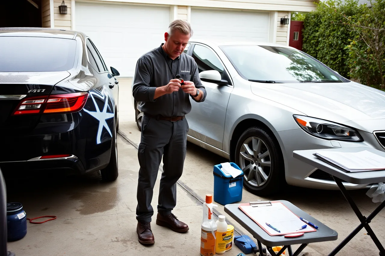 Detailer timing a wash stage with stopwatch beside a car (How to start a mobile detailing business, phase by phase)