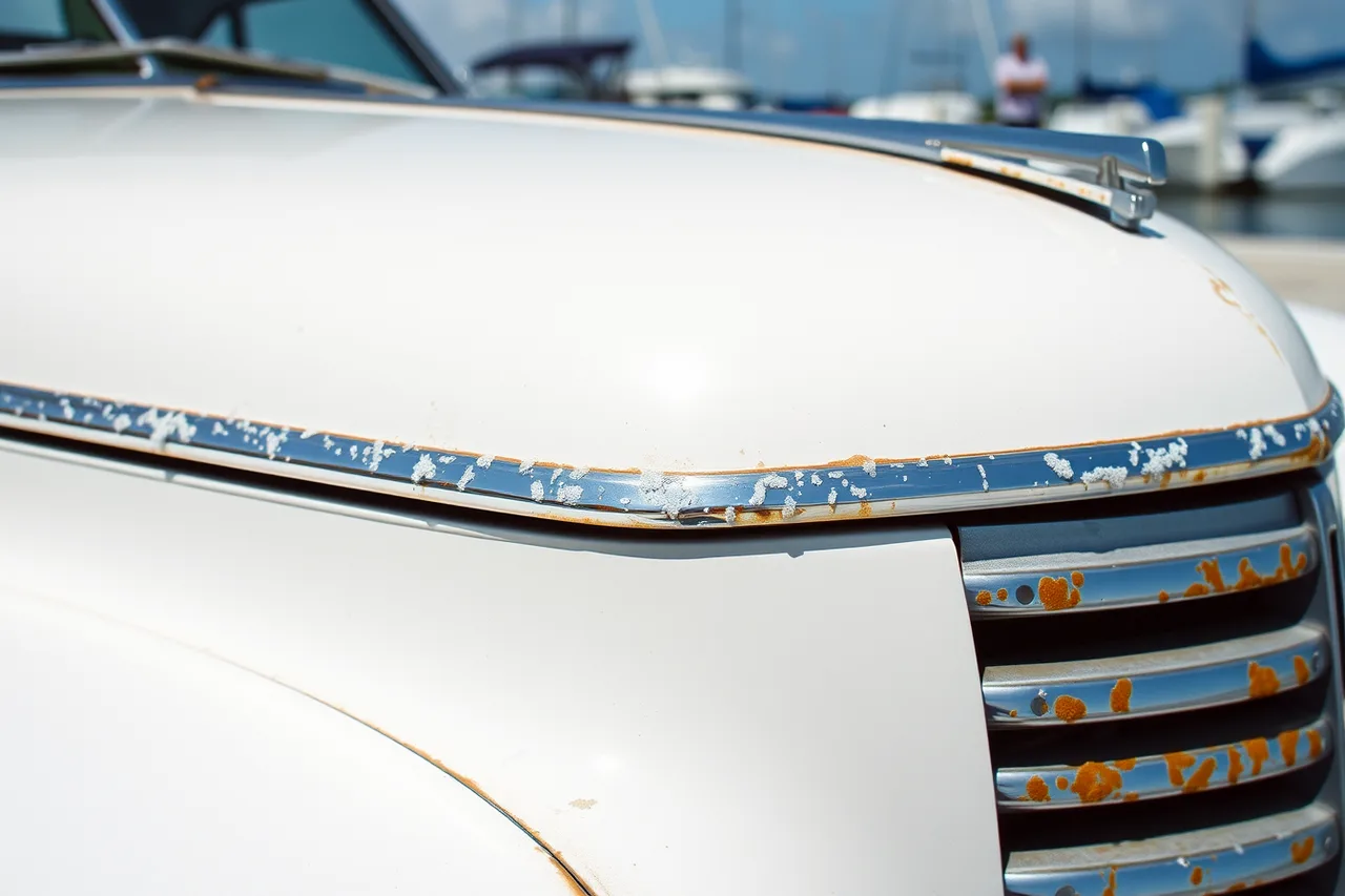 Salt film and oxidation on car hood and chrome grille (How Miami salt air and humidity change mobile detailing packages)