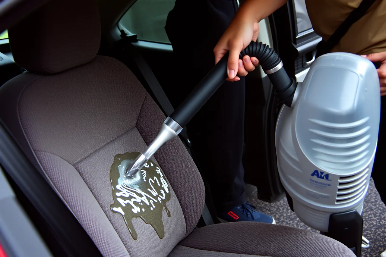 Hot water extractor cleaning moisture from a fabric car seat (How Miami salt air and humidity change mobile detailing packages)