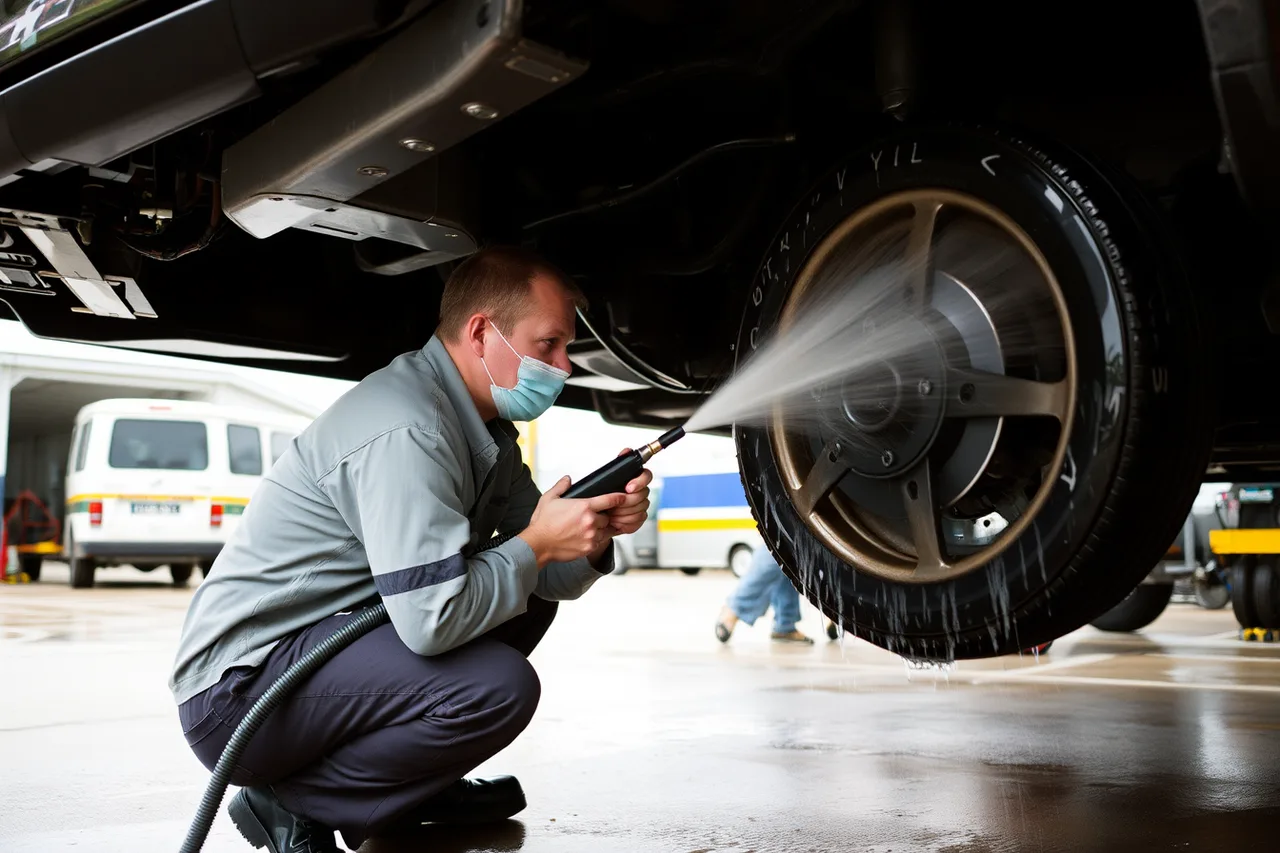 Technician rinsing a car undercarriage with a pressure washer (How Miami salt air and humidity change mobile detailing packages)