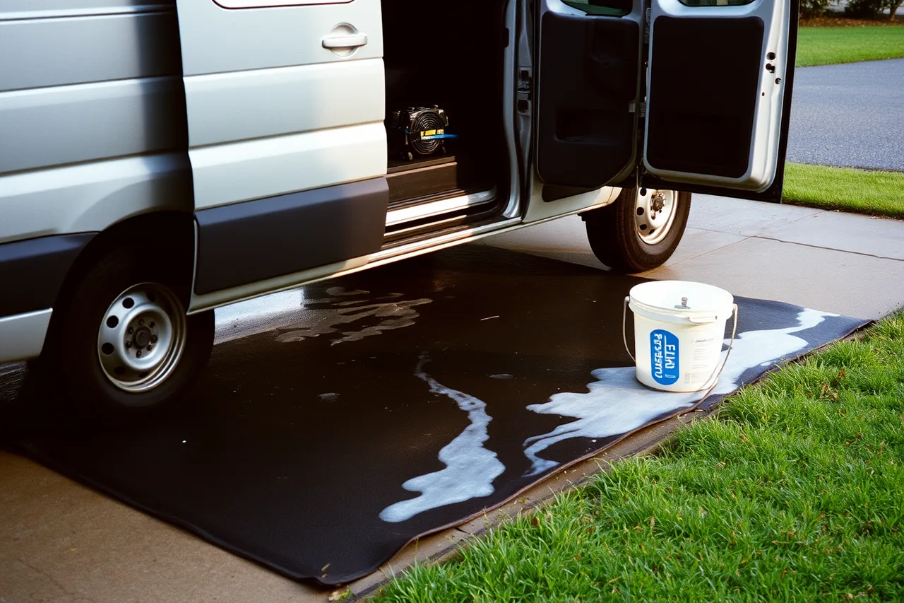 Containment mat and berm catching wash water under a car (How Miami salt air and humidity change mobile detailing packages)