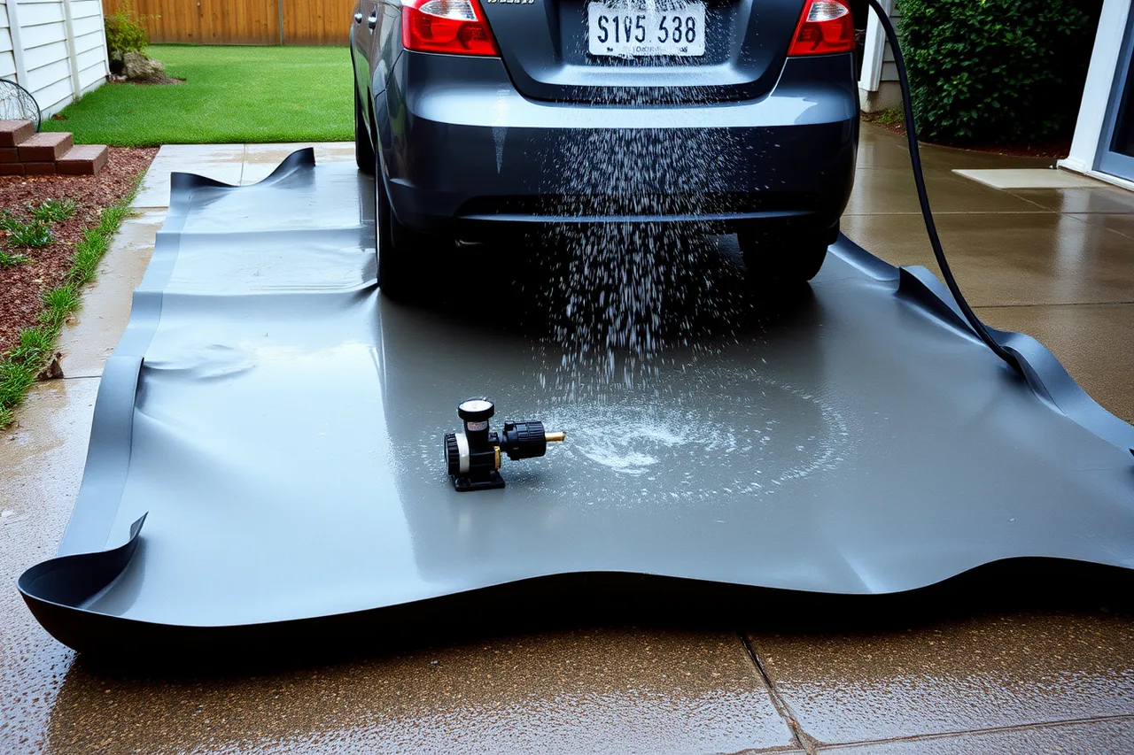 Containment mat catching wash water under a car in a driveway (Equipment a mobile detailing business cannot open without)