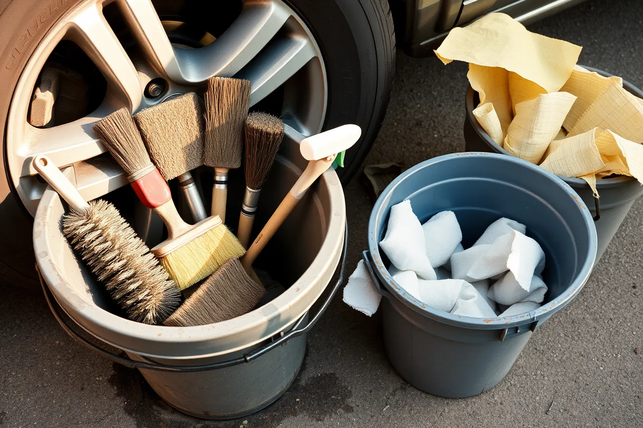 Wheel brushes, grit guard bucket and cleaner beside a dirty alloy wheel (Equipment a mobile detailing business cannot open without)
