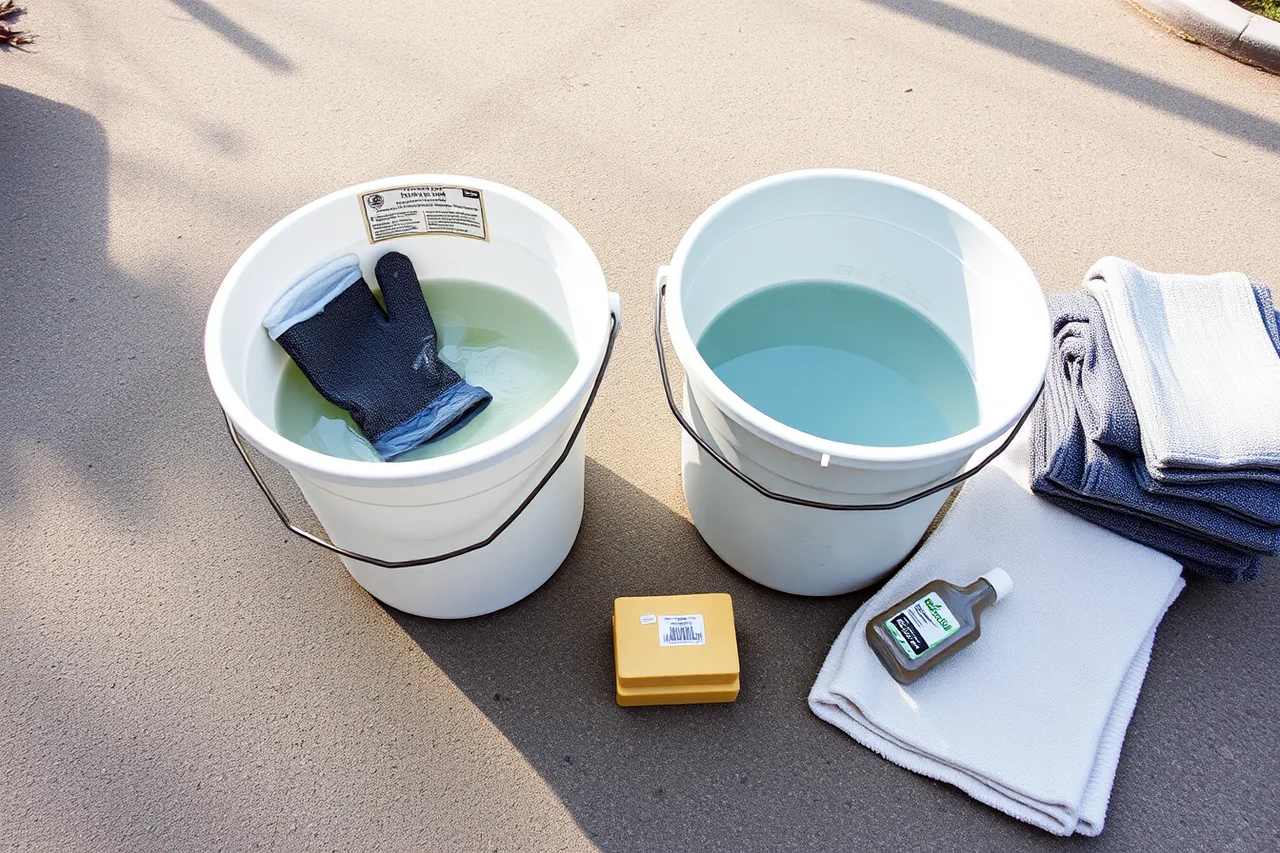 Two wash buckets with grit guards and folded drying towels (Equipment a mobile detailing business cannot open without)