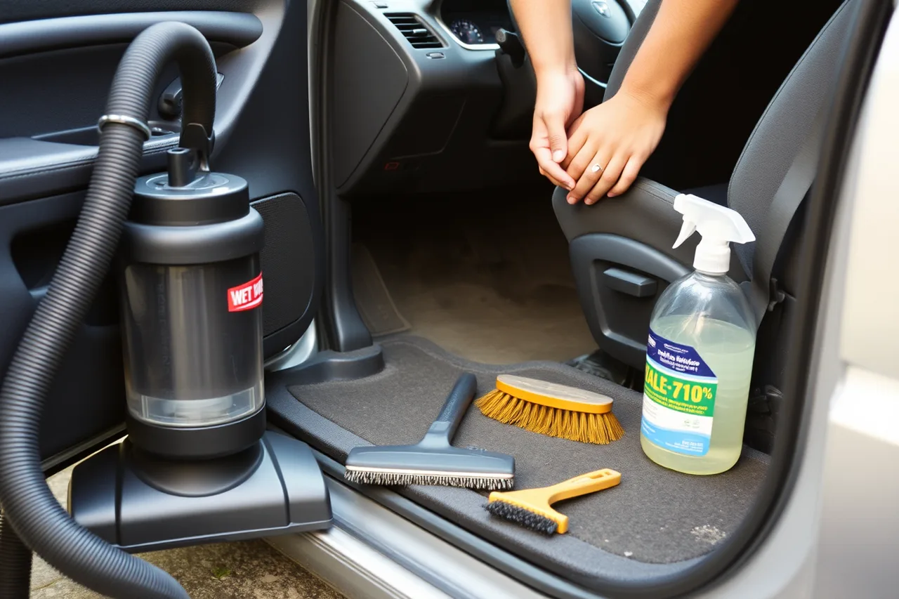 Wet dry vacuum crevice tool cleaning between car seats (Equipment a mobile detailing business cannot open without)