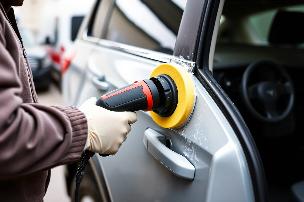 Detailer machine-polishing a car door panel with a dual-action polisher (3 pricing tiers for mobile detailing in Houston and Dallas-Fort Worth)