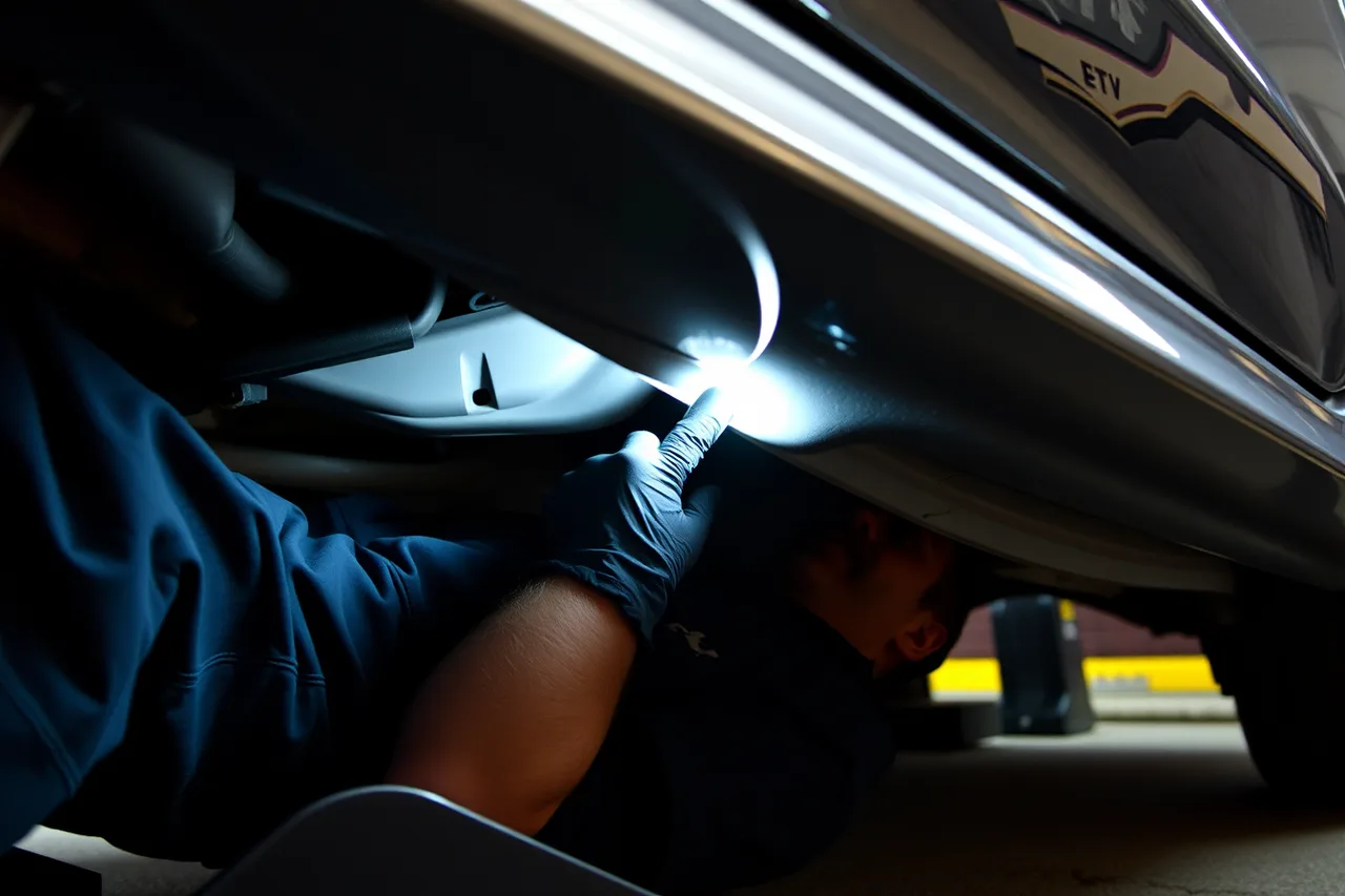 Detailer on creeper inspecting underside seam with bright light (Rustproofing Add-Ons for Canadian Mobile Detailing Packages)