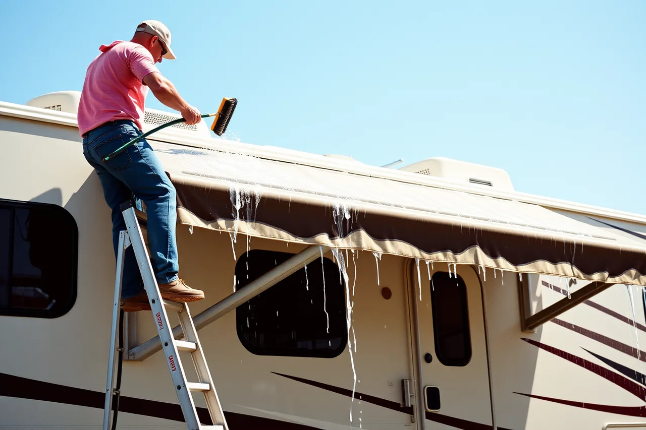 Detailer washing the roof and side of a travel trailer (How to Price RV Detailing Packages for Mobile Business)