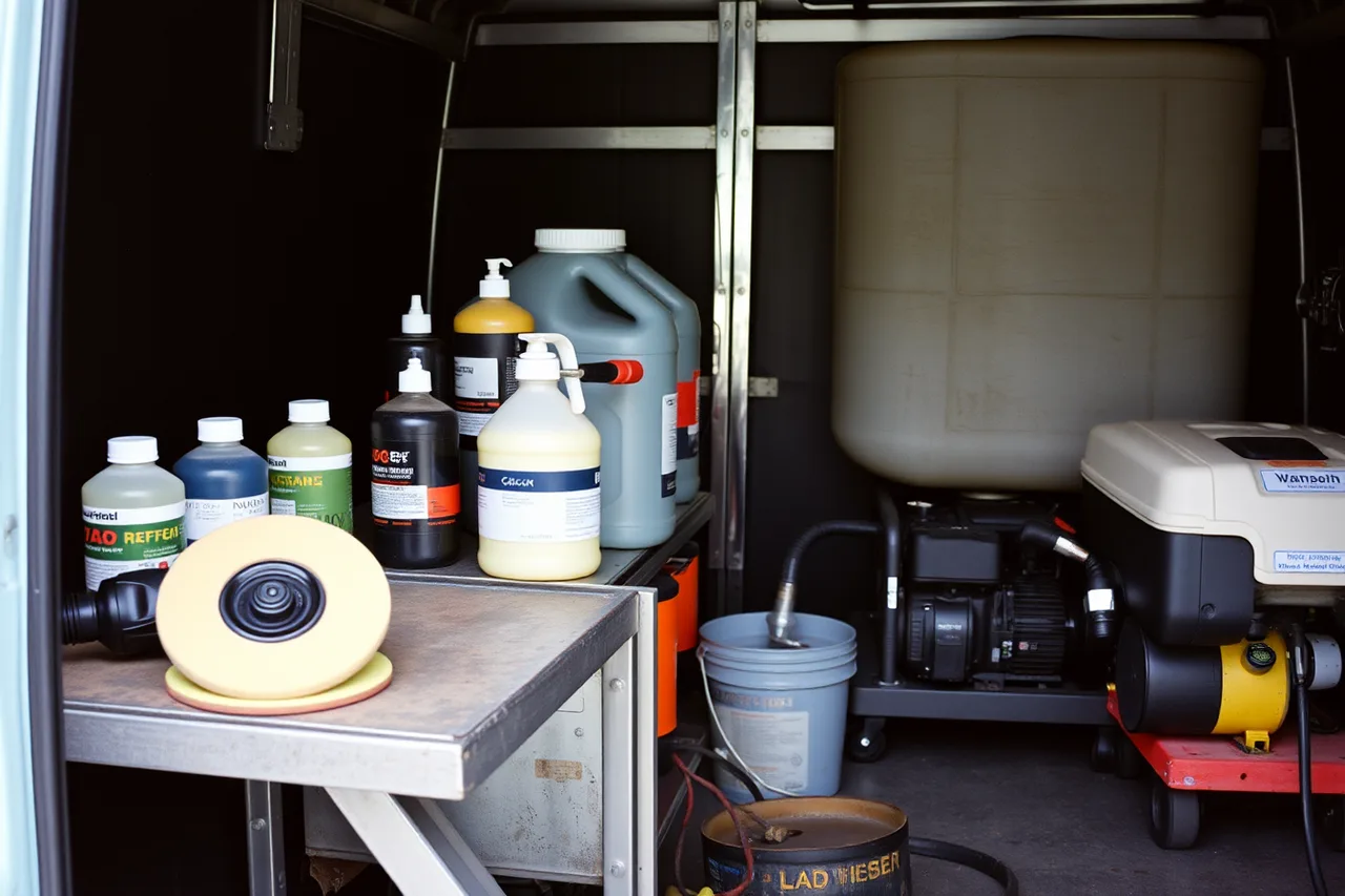 Rotary polisher, compounds, water tank and generator in a detailing van (How to Price RV Detailing Packages for Mobile Business)