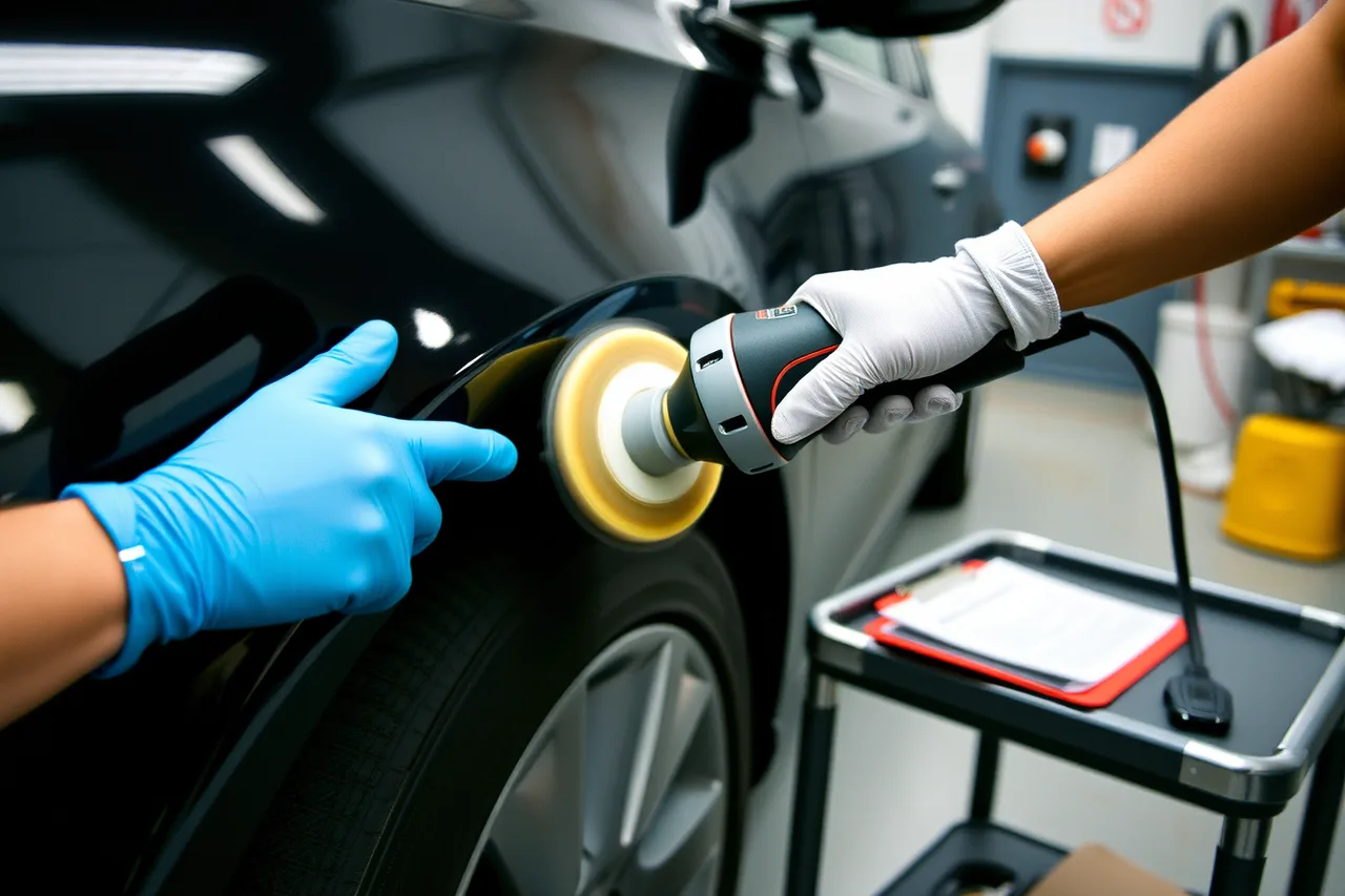 Detailer using a rotary polisher on a car fender in a garage bay (Texas garage keepers vs general liability insurance for mobile detailers)