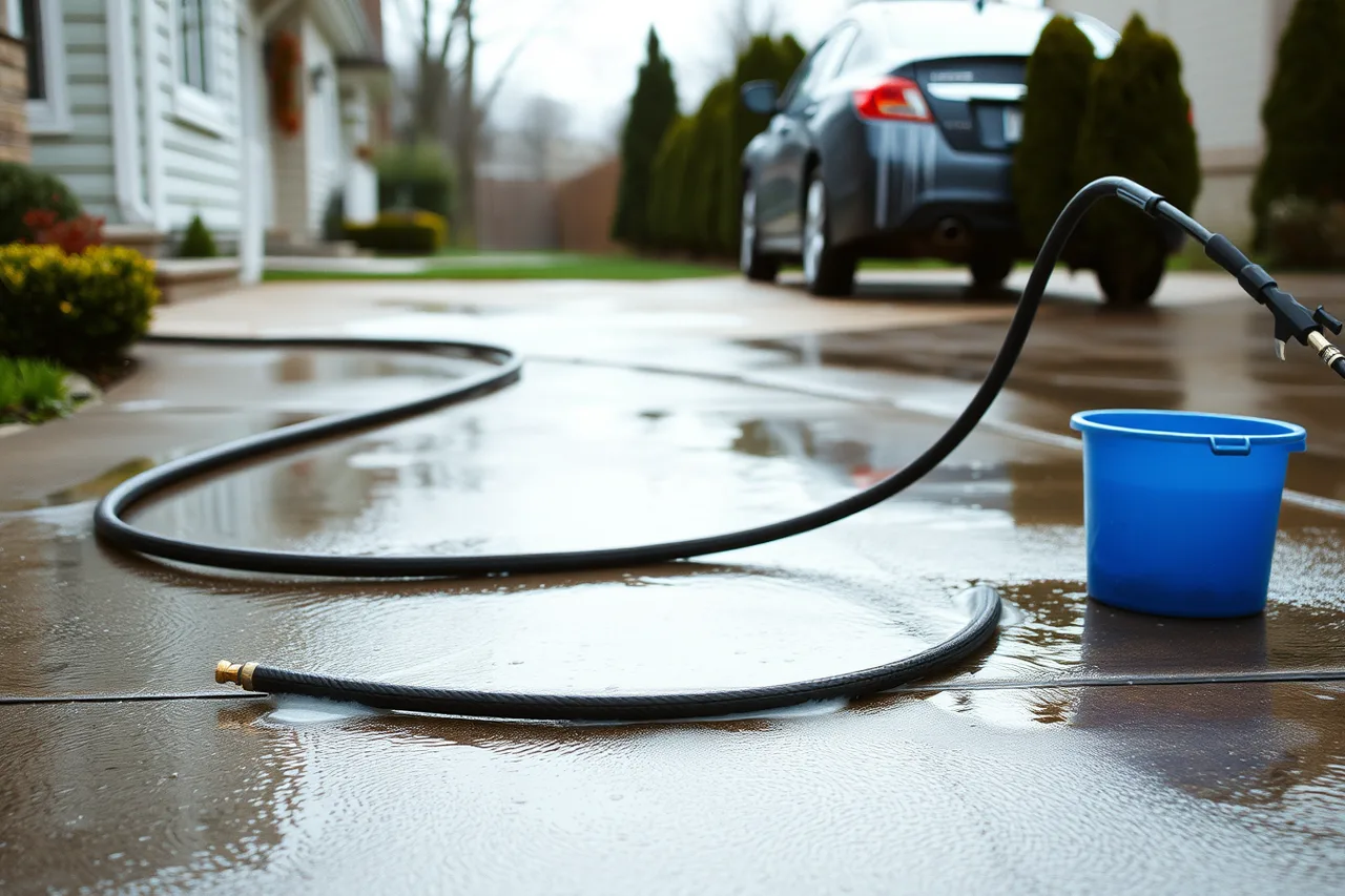 Soapy wash water and a hose running across a driveway toward a sidewalk (Texas garage keepers vs general liability insurance for mobile detailers)