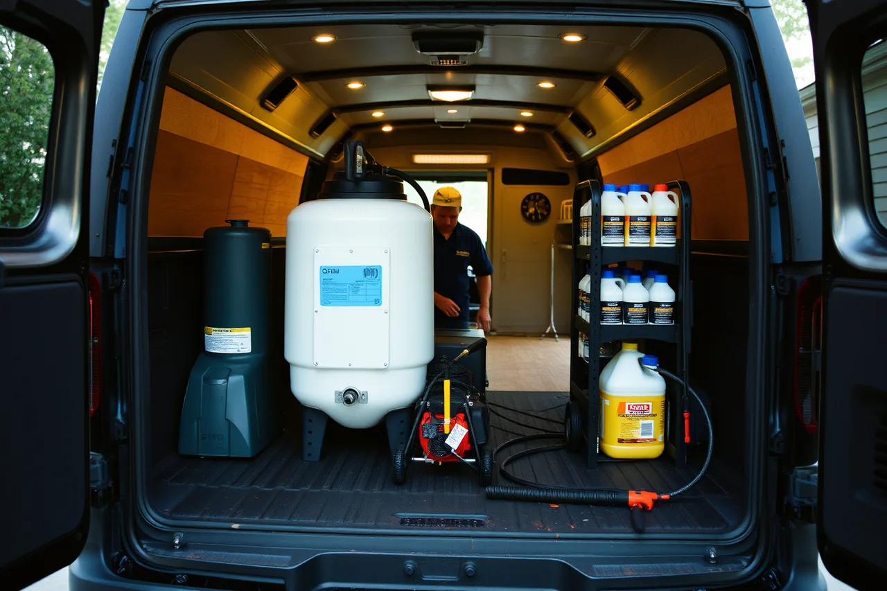 Mobile detailing van interior with water tank, generator and chemical rack (Texas garage keepers vs general liability insurance for mobile detailers)