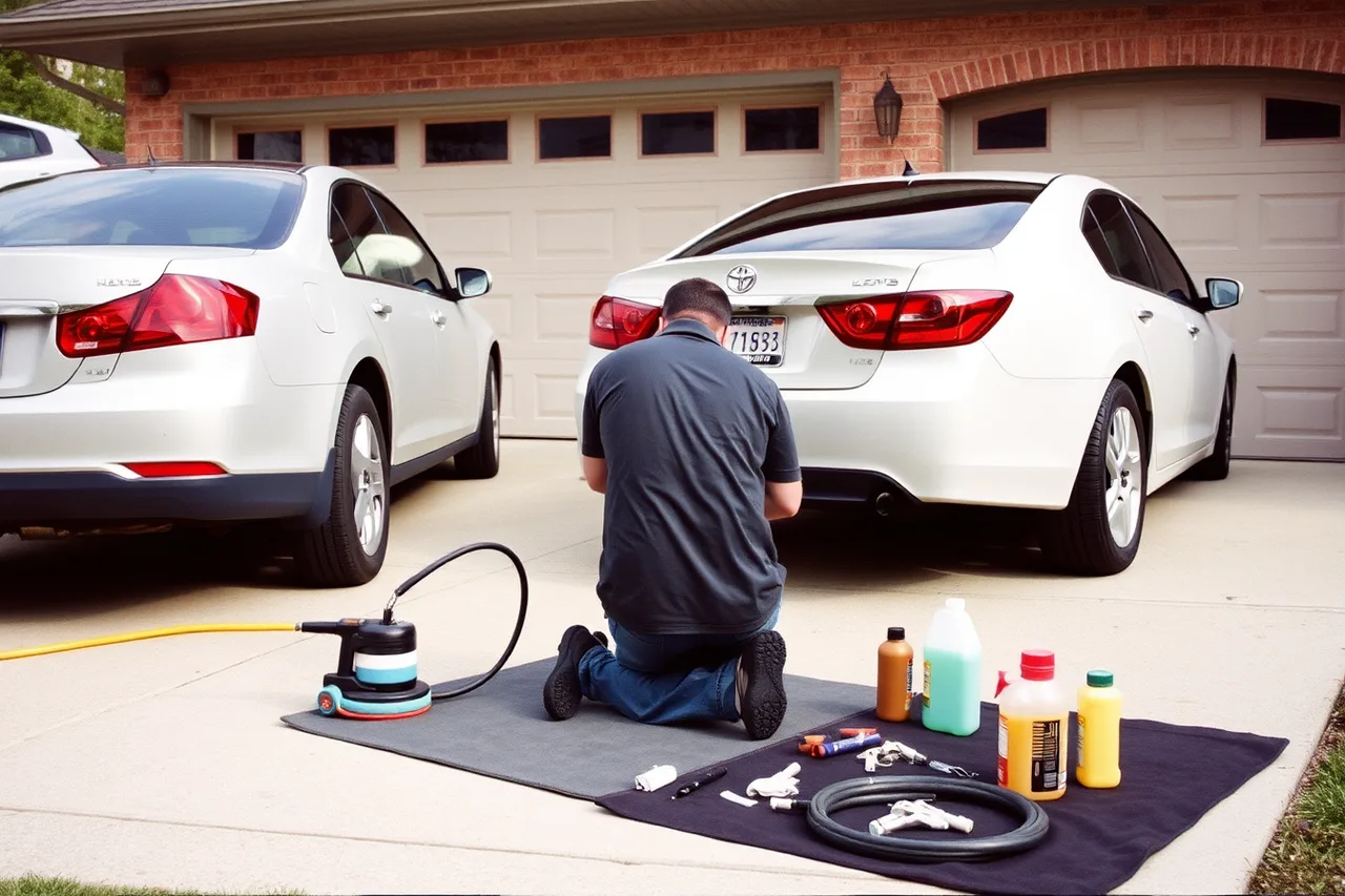 Solo detailer working on a car in a customer's home driveway (Texas garage keepers vs general liability insurance for mobile detailers)