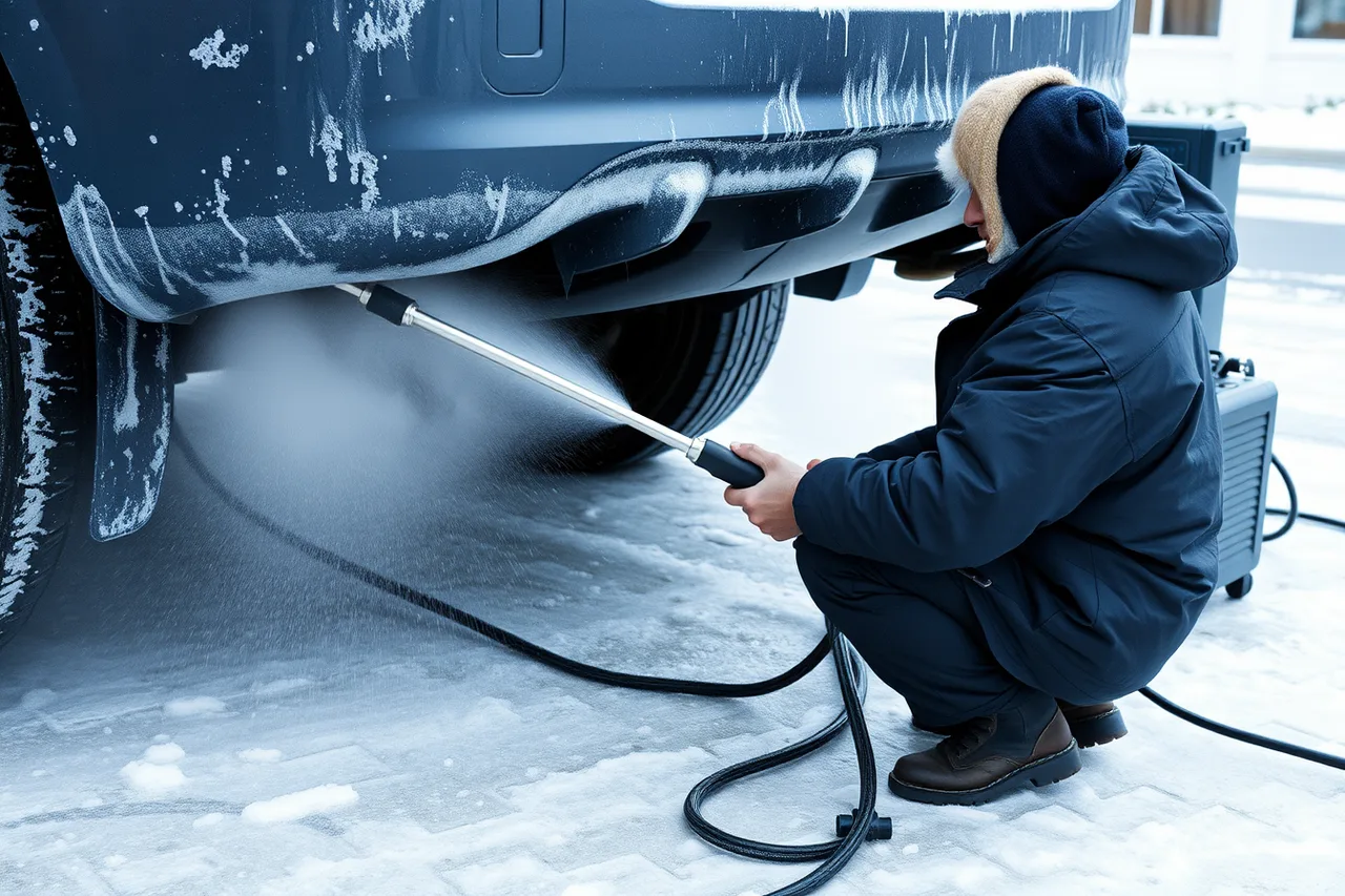 Detailer rinsing a car's undercarriage with a heated-water wand in winter (What to Put in a Canadian Winter Mobile Detailing Package)